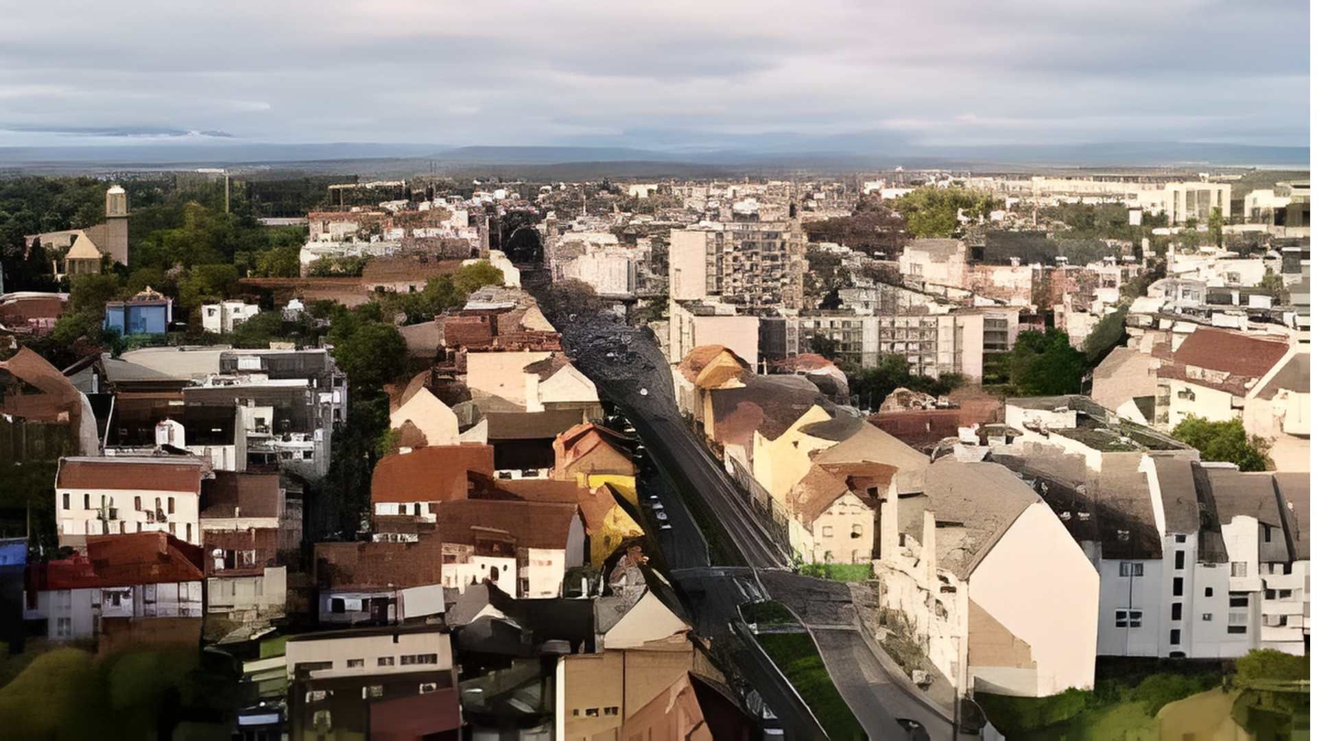 Vue aérienne d'une rue de ville avec des bâtiments et des arbres. Ciel nuageux en arrière-plan.