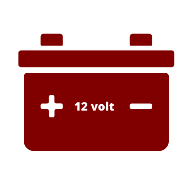 A red icon of a 12 volt battery on a white background.