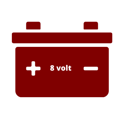 A red icon of a battery with the words `` 8 volt '' written on it.