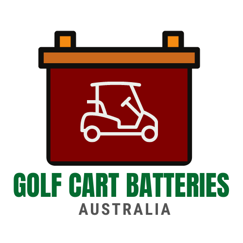 A logo for golf cart batteries australia with a golf cart on it.