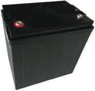 A black battery with two red buttons on top of it on a white background.