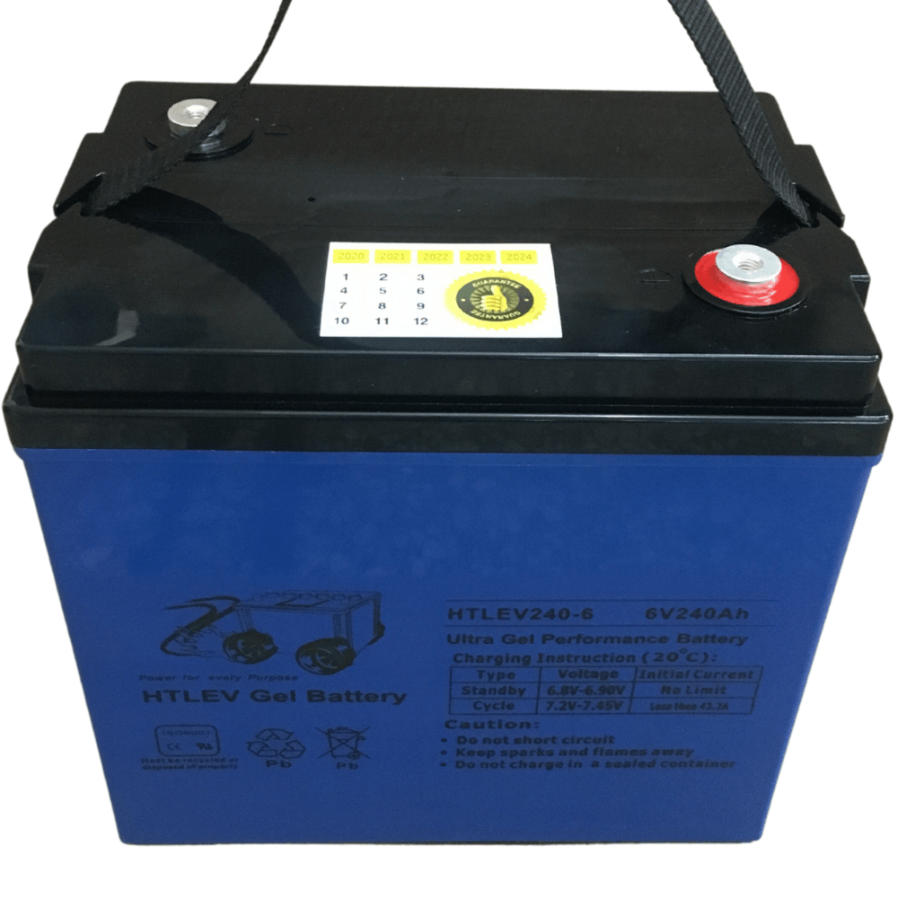 A blue and black battery that says htl6v on it