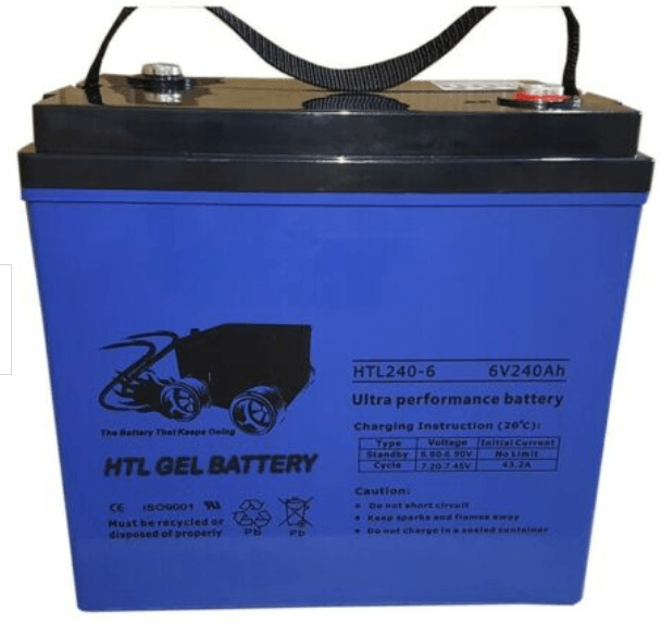 A blue and black htl gel battery with a handle
