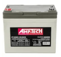 A amp tech battery is sitting on a white surface.
