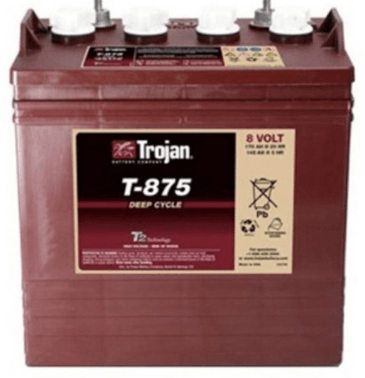 A trojan t-875 deep cycle battery on a white background