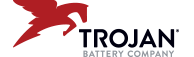 A trojan battery company logo with a red bird on a white background.