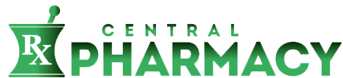 A logo for central pharmacy with a mortar and pestle