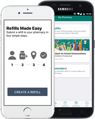 Two cell phones , one white and one black , are displaying a refills made easy app.