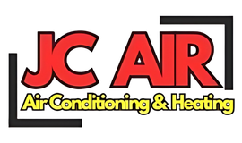 JC AIR logo, red letters, black outlines, enclosed in a black square with 