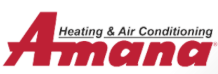 Amana Heating & Air Conditioning logo in red and black, on a white background.