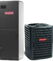 Black Goodman HVAC system; furnace and air conditioner units side by side.