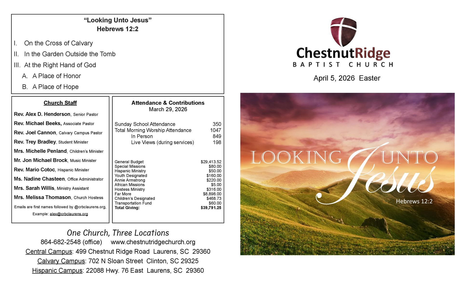 A brochure for chestnut ridge baptist church shows a large group of people