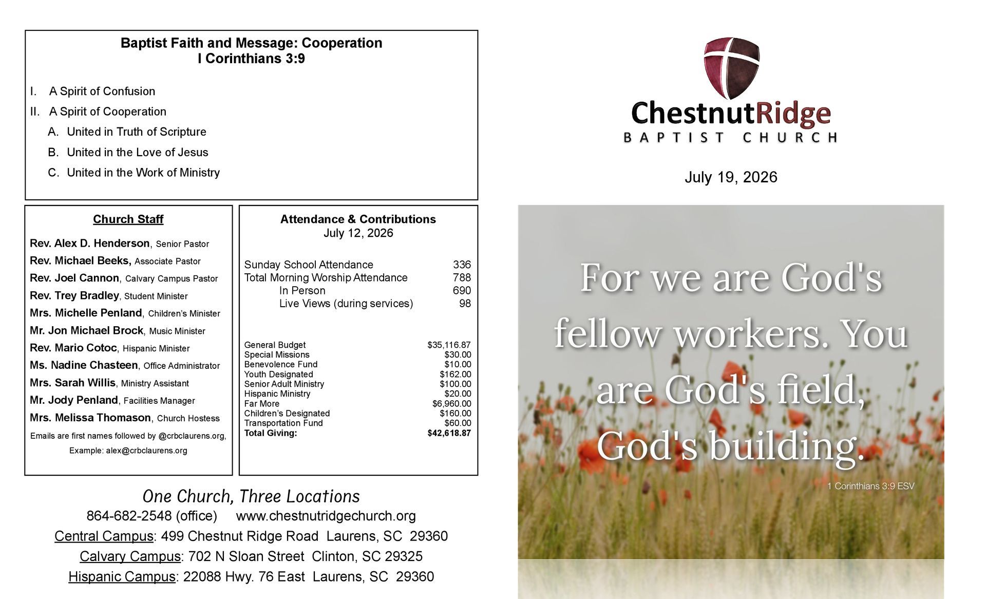 A brochure for chestnut ridge baptist church shows a large group of people