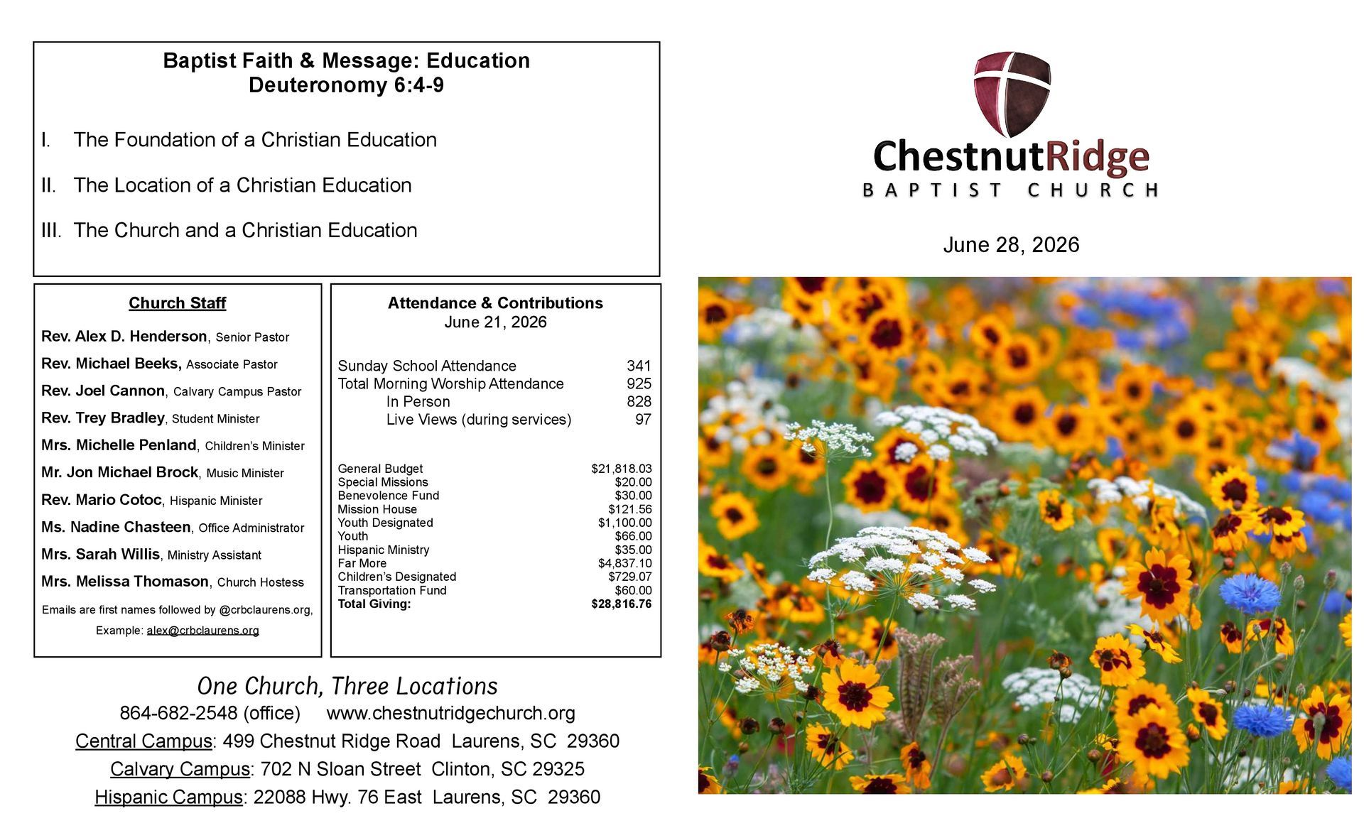 A brochure for chestnut ridge baptist church shows a large group of people