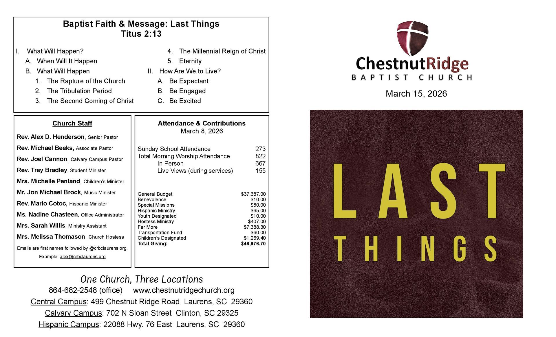 A brochure for chestnut ridge baptist church shows a large group of people