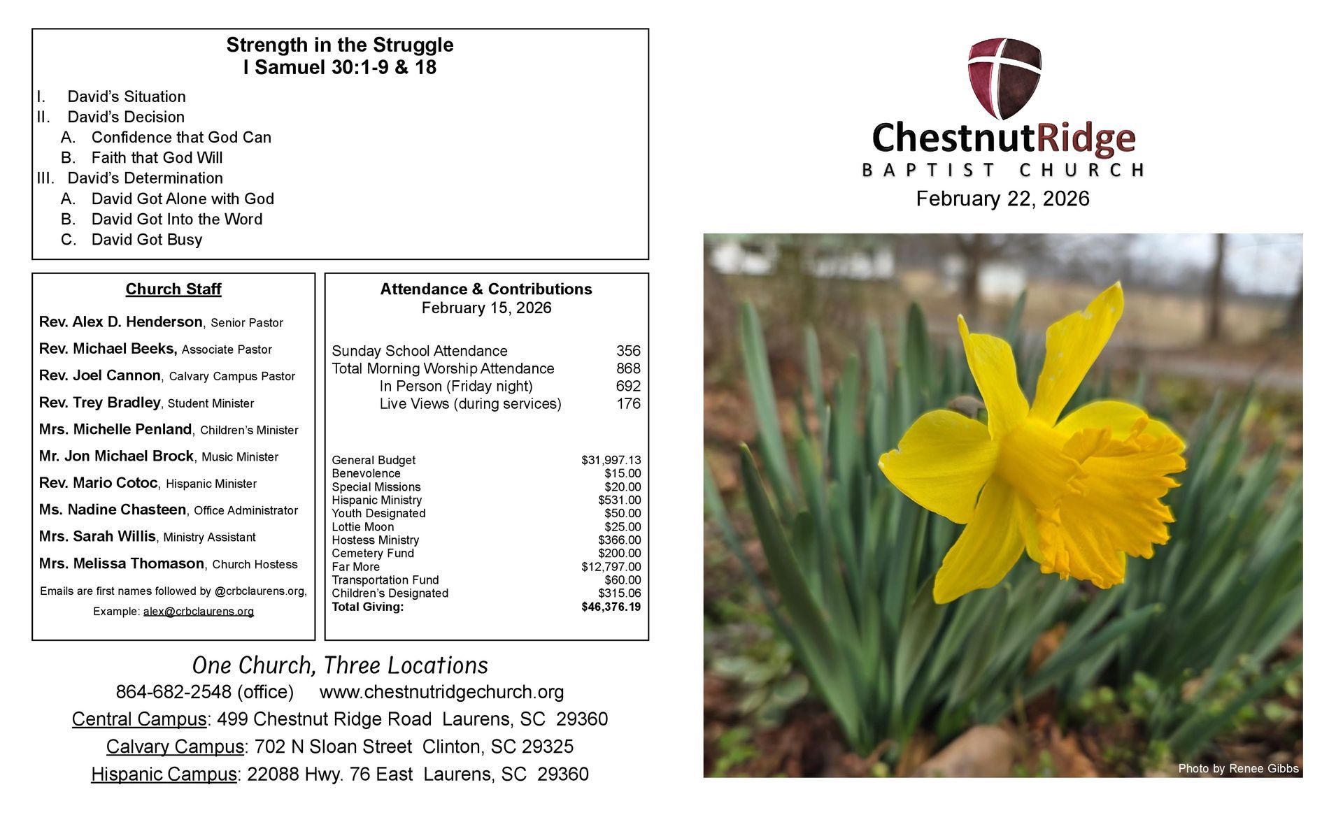 A brochure for chestnut ridge baptist church shows a large group of people