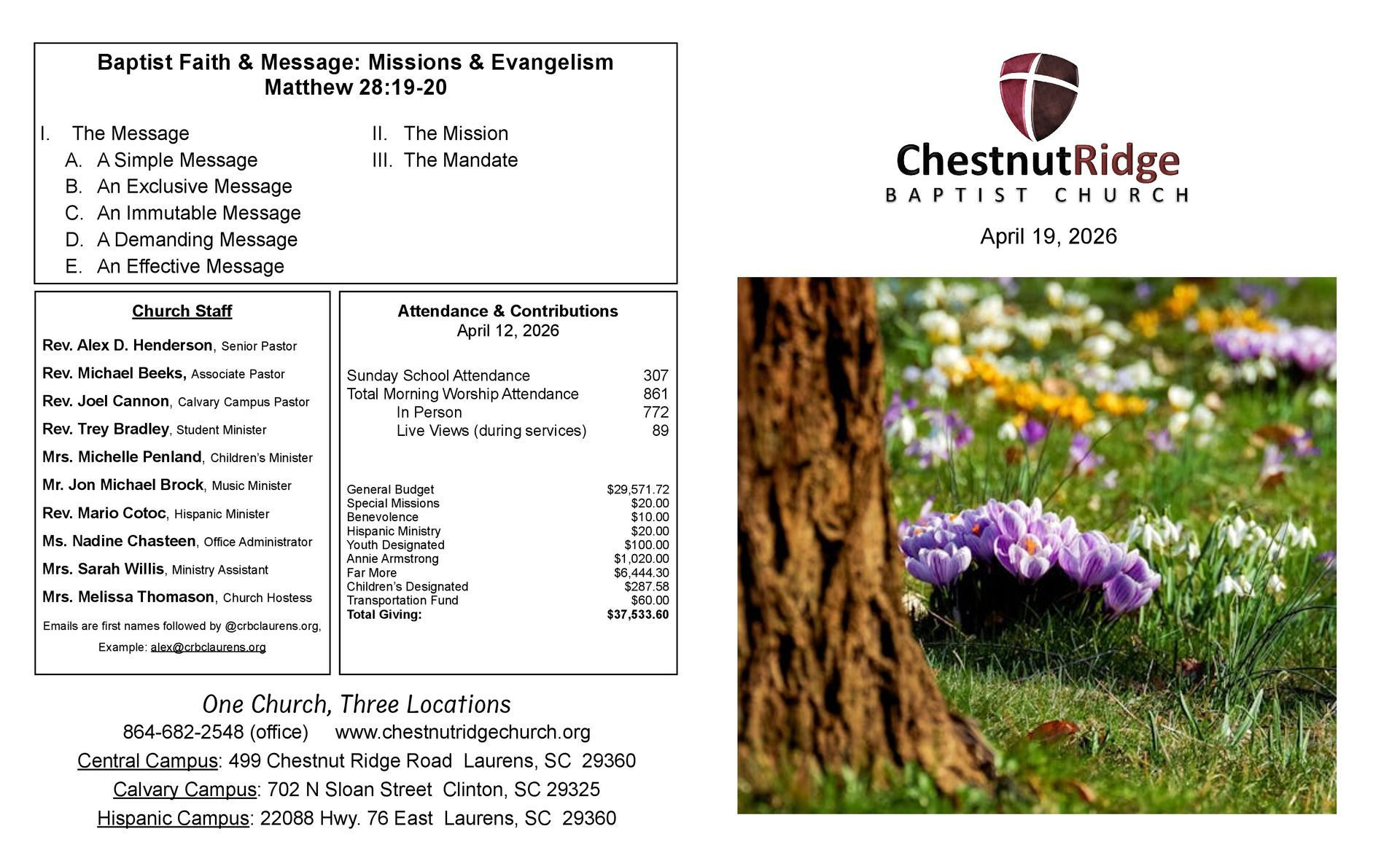 A brochure for chestnut ridge baptist church shows a large group of people