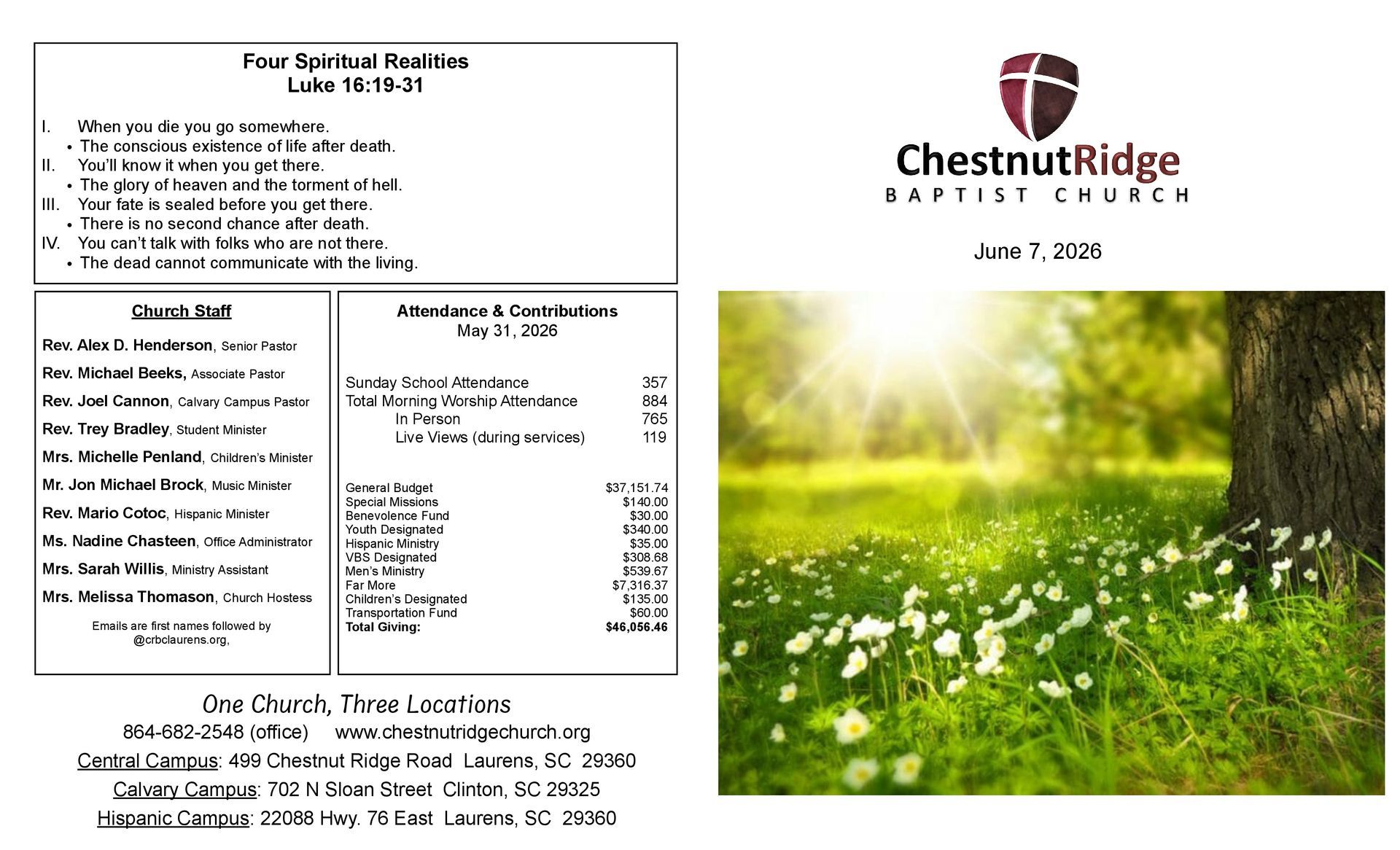 A brochure for chestnut ridge baptist church shows a large group of people