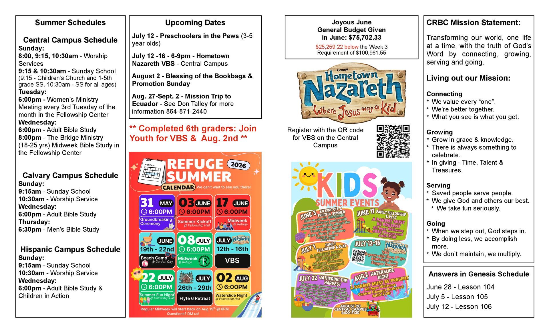 A brochure for a school with a summer event schedule.