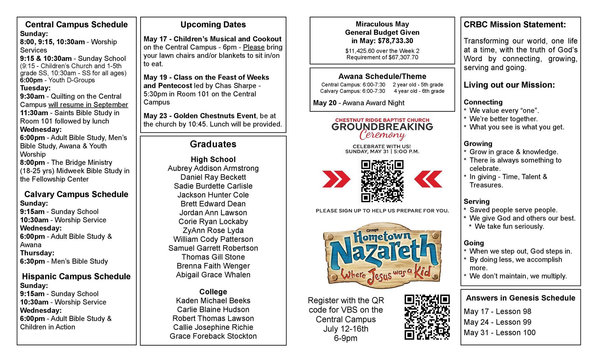 A brochure for a school with a summer event schedule.