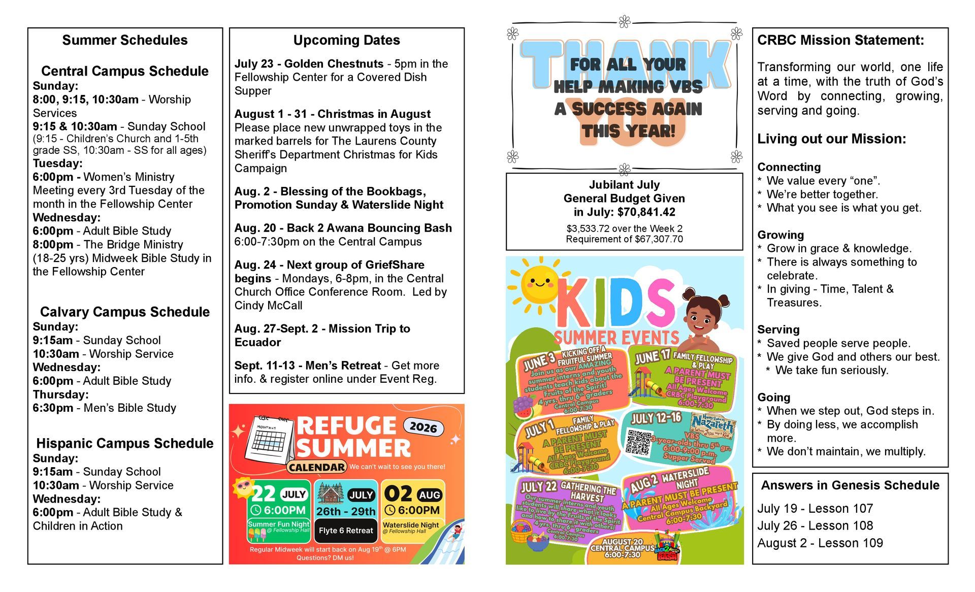 A brochure for a school with a summer event schedule.