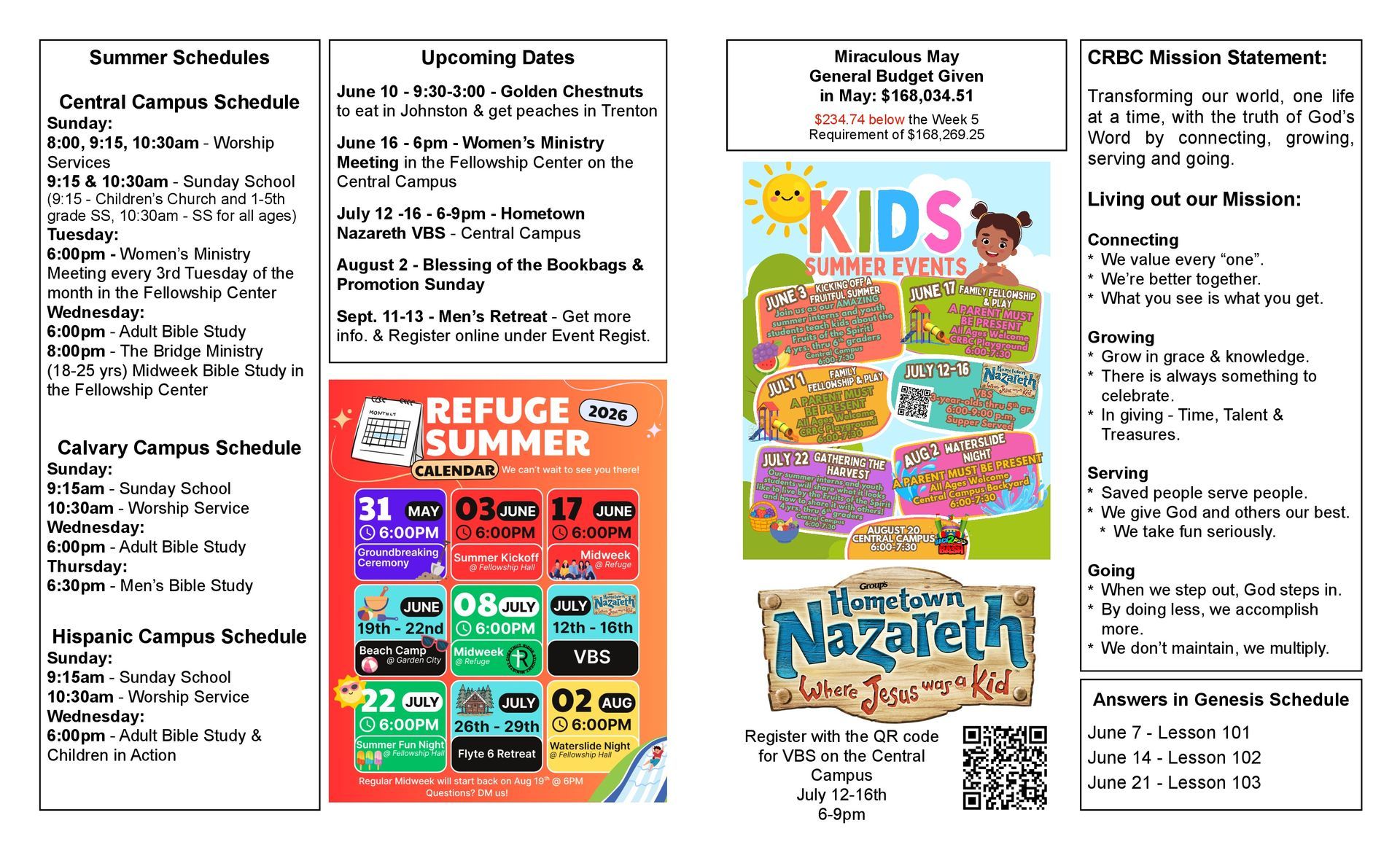 A brochure for a school with a summer event schedule.