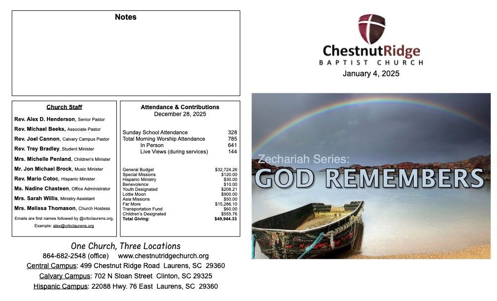 A brochure for chestnut ridge baptist church shows a large group of people