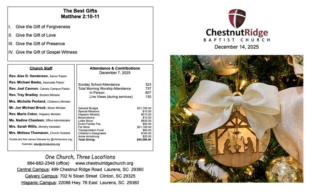 A brochure for chestnut ridge baptist church shows a large group of people