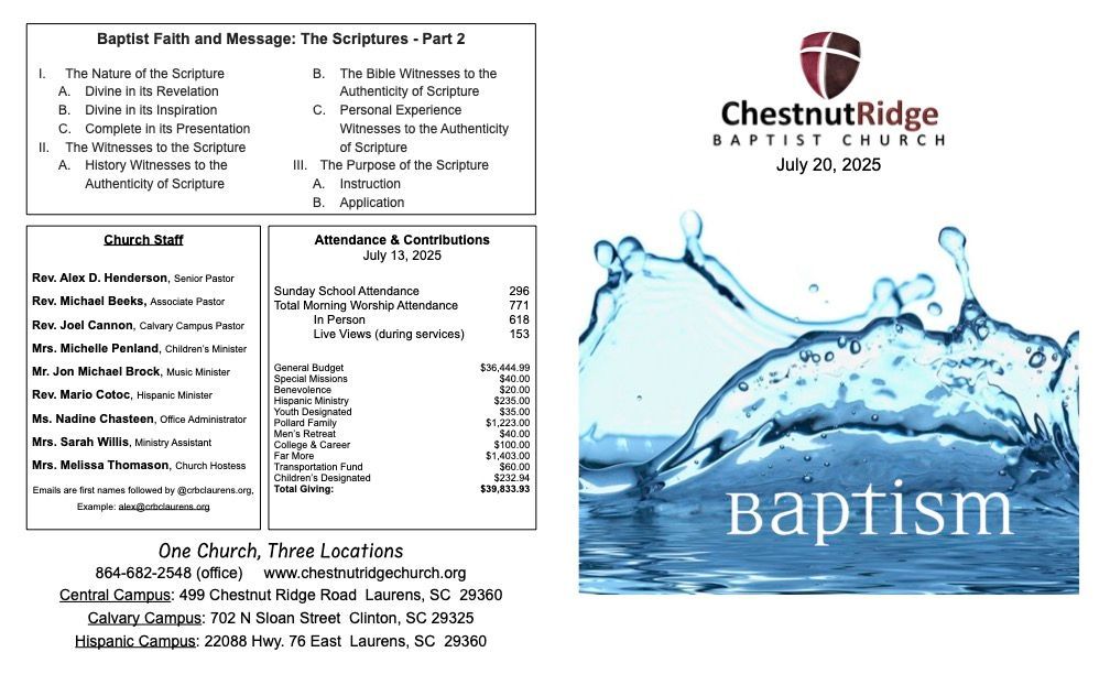 A brochure for chestnut ridge baptist church shows a large group of people