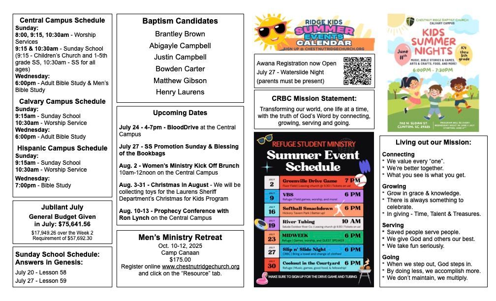 A brochure for a school with a summer event schedule.
