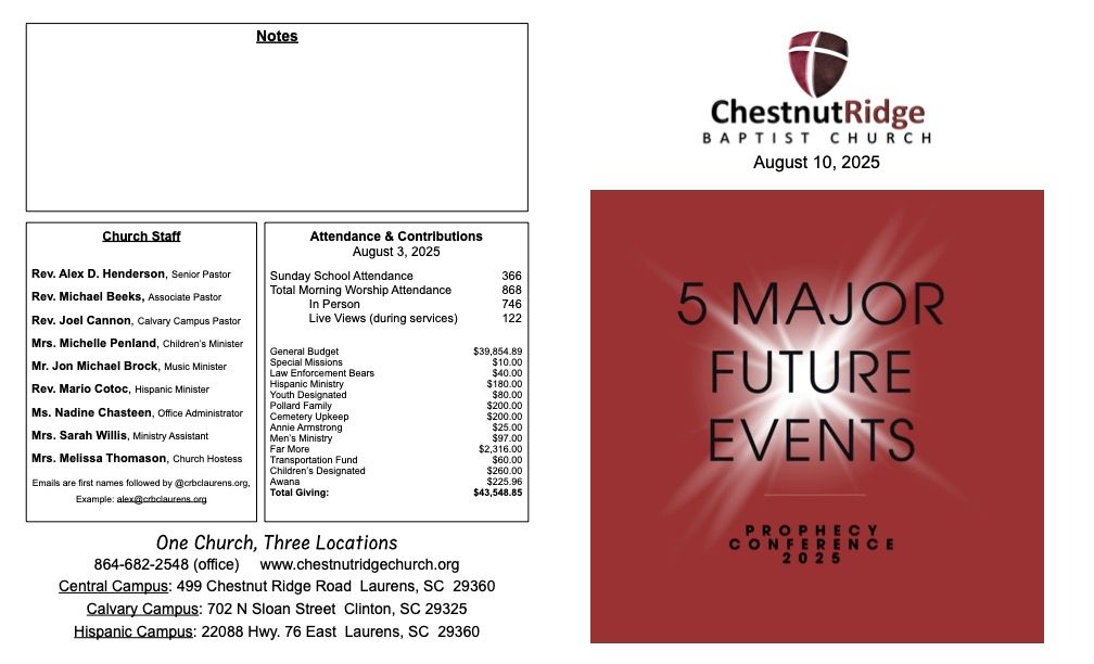 A brochure for chestnut ridge baptist church shows a large group of people