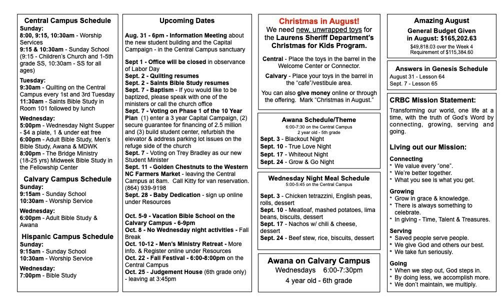 A brochure for a school with a summer event schedule.