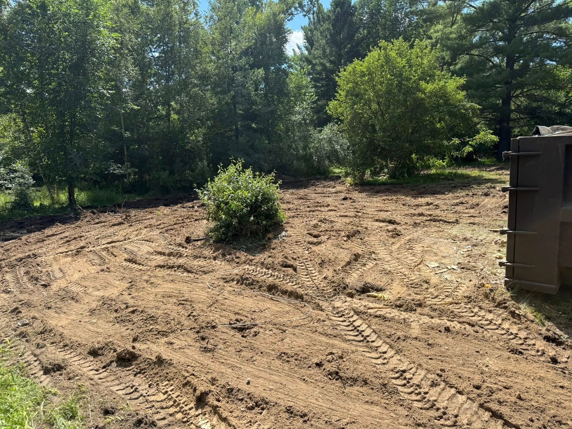 Cleared dirt field with tire tracks, small bushes, and trees in the background. Brown, green, and blue hues.