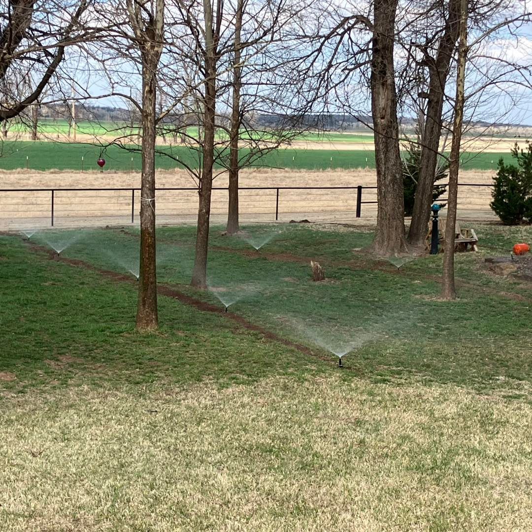 A lawn sprinkler sprays water across a grassy backyard with bare trees, a fence, and a distant field.