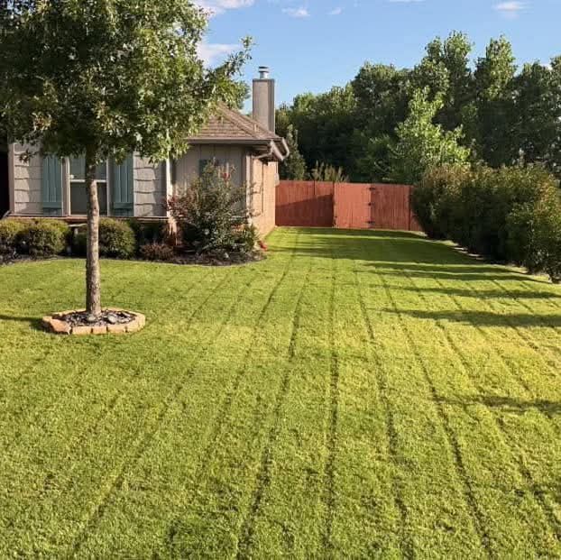 A manicured lawn with vertical mowing stripes in front of a house, a tree, and a red wooden fence under a blue sky.