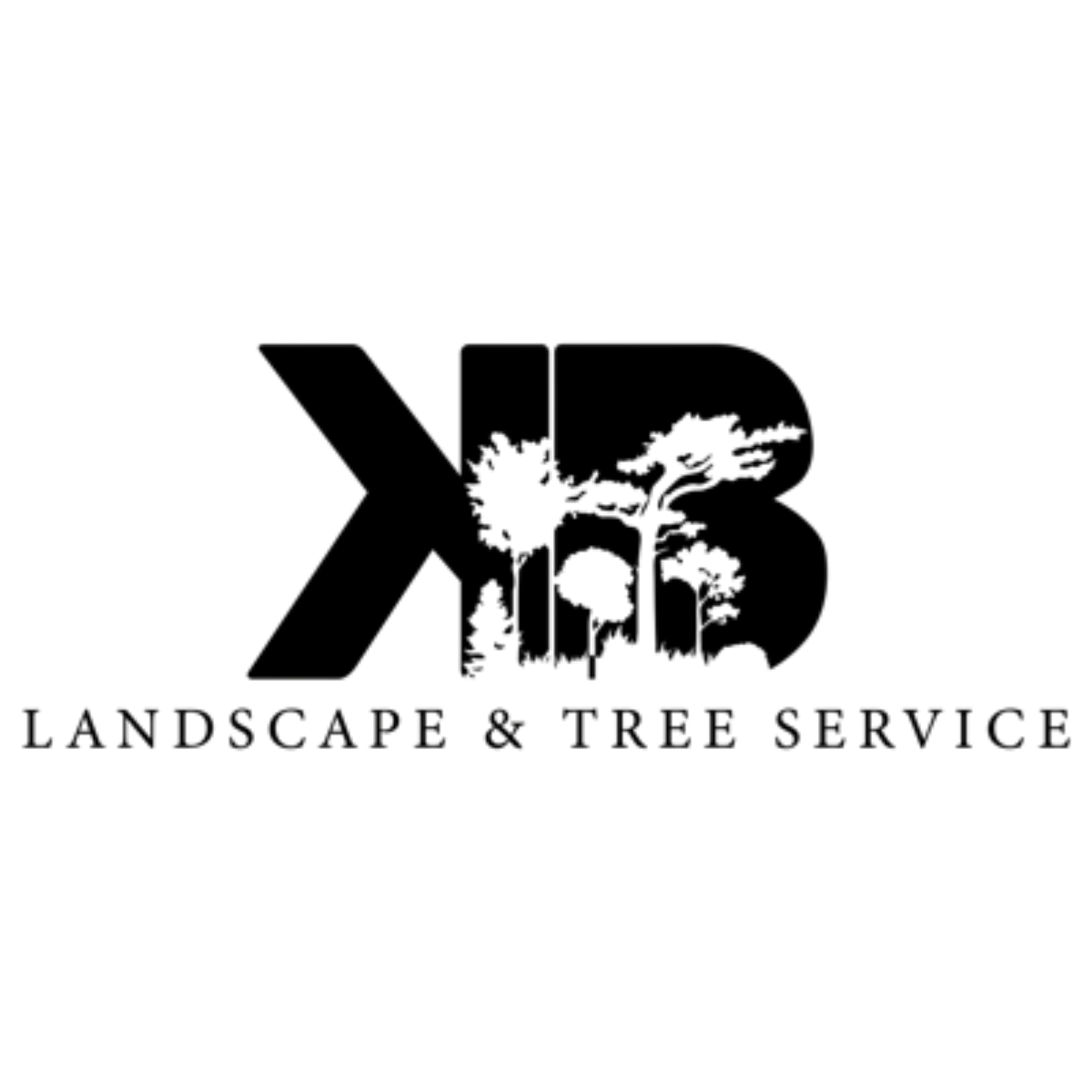 Black logo for KB Landscape & Tree Service featuring a silhouette of trees cut out from the letter B.