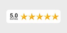A 5.0 rating graphic featuring five gold stars in a row on a white background.