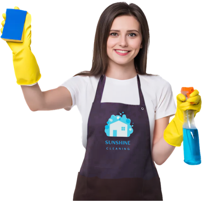 A woman in a Sunshine Cleaning apron is holding a sponge and a spray bottle.