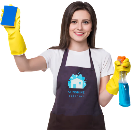 A woman in an apron is holding a sponge and a spray bottle with a Sunshine Cleaning apron