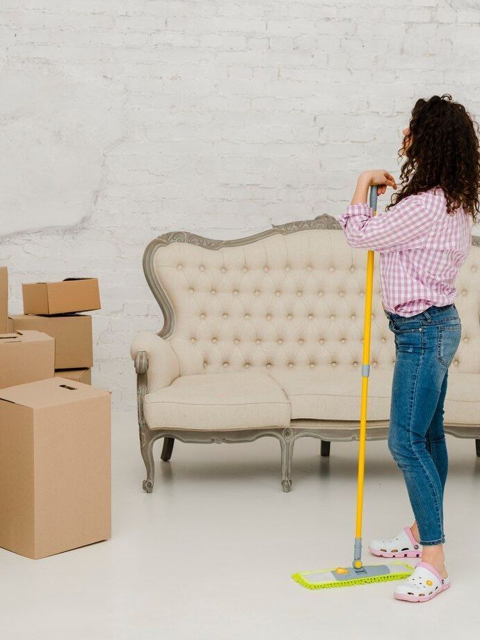 A woman is cleaning the floor with a mop in a living room.