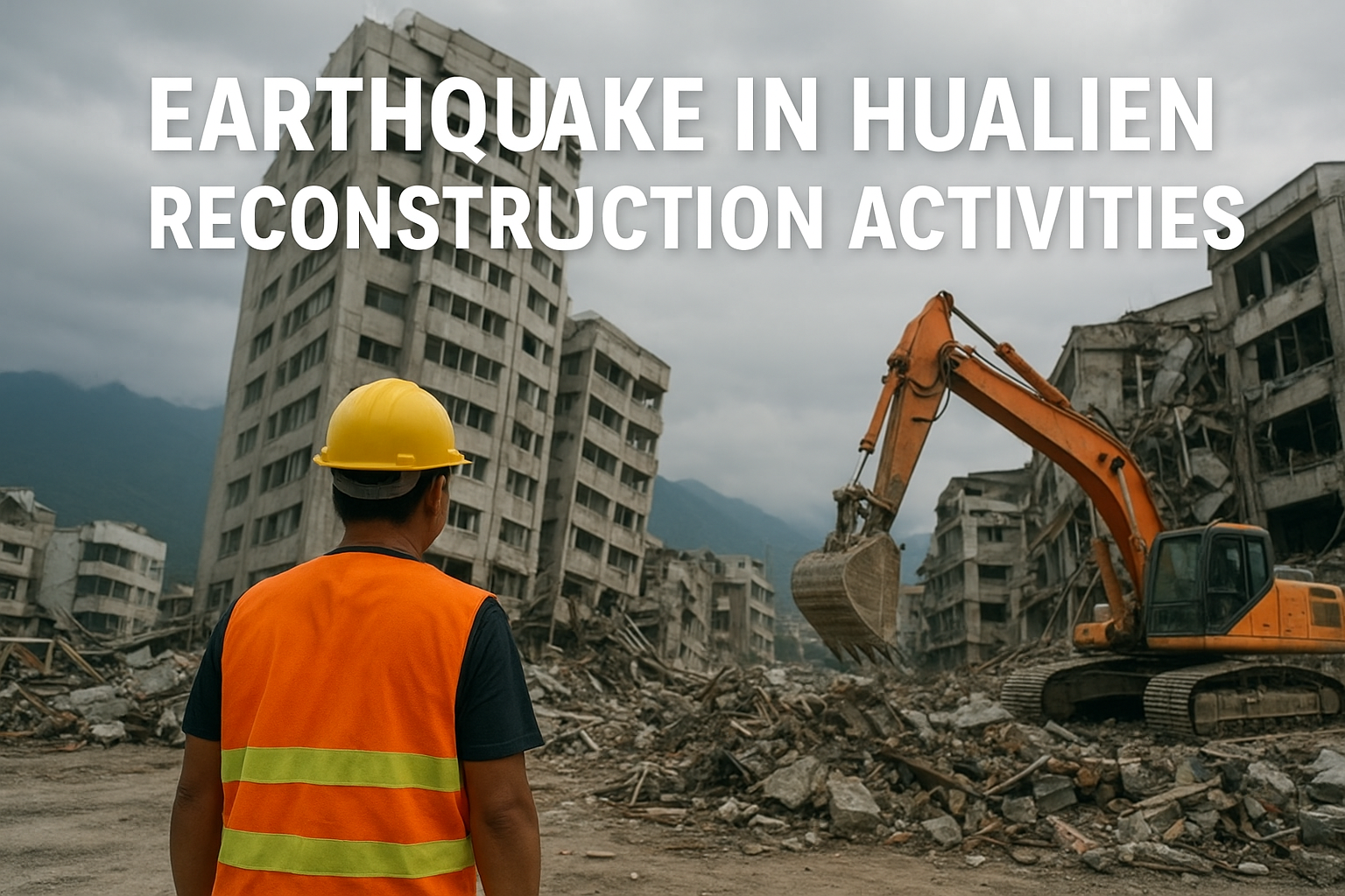 Construction worker overseeing rubble and excavator, aftermath of earthquake in Hualien, Taiwan.