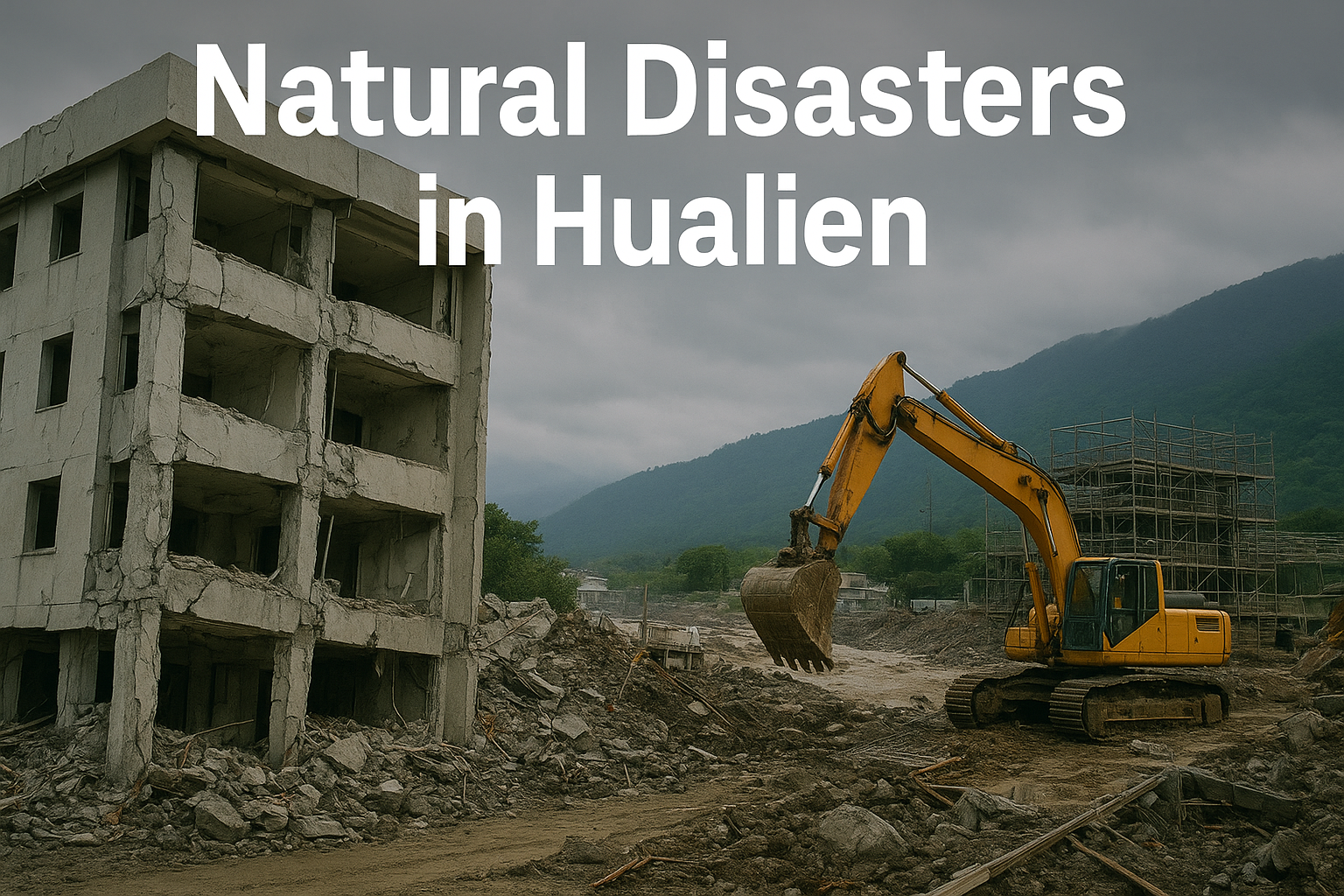 Construction worker in orange vest and hard hat surveying earthquake debris in Hualien, Taiwan.