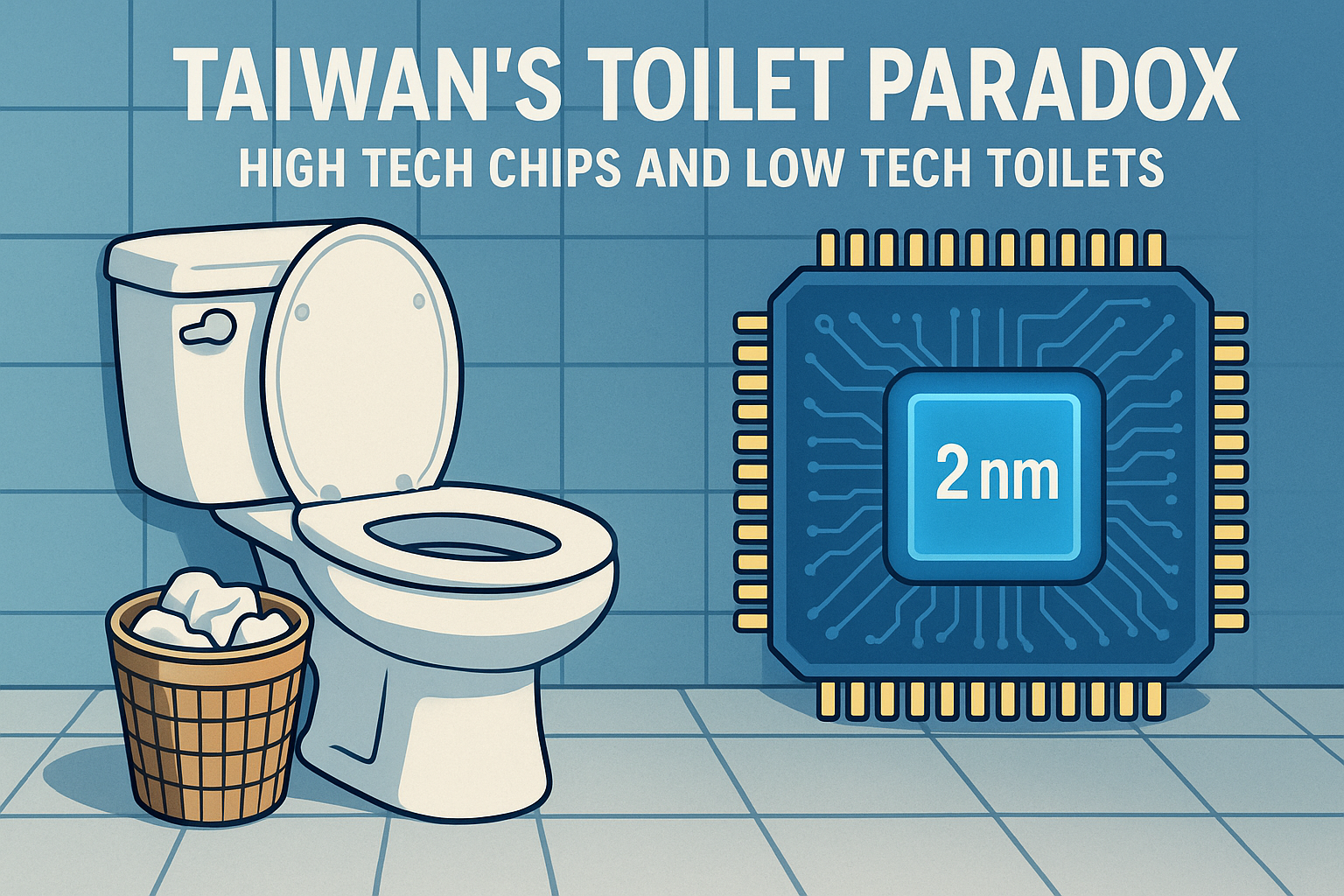 Cartoon of toilet next to a 2nm microchip in a blue-tiled bathroom. Text: