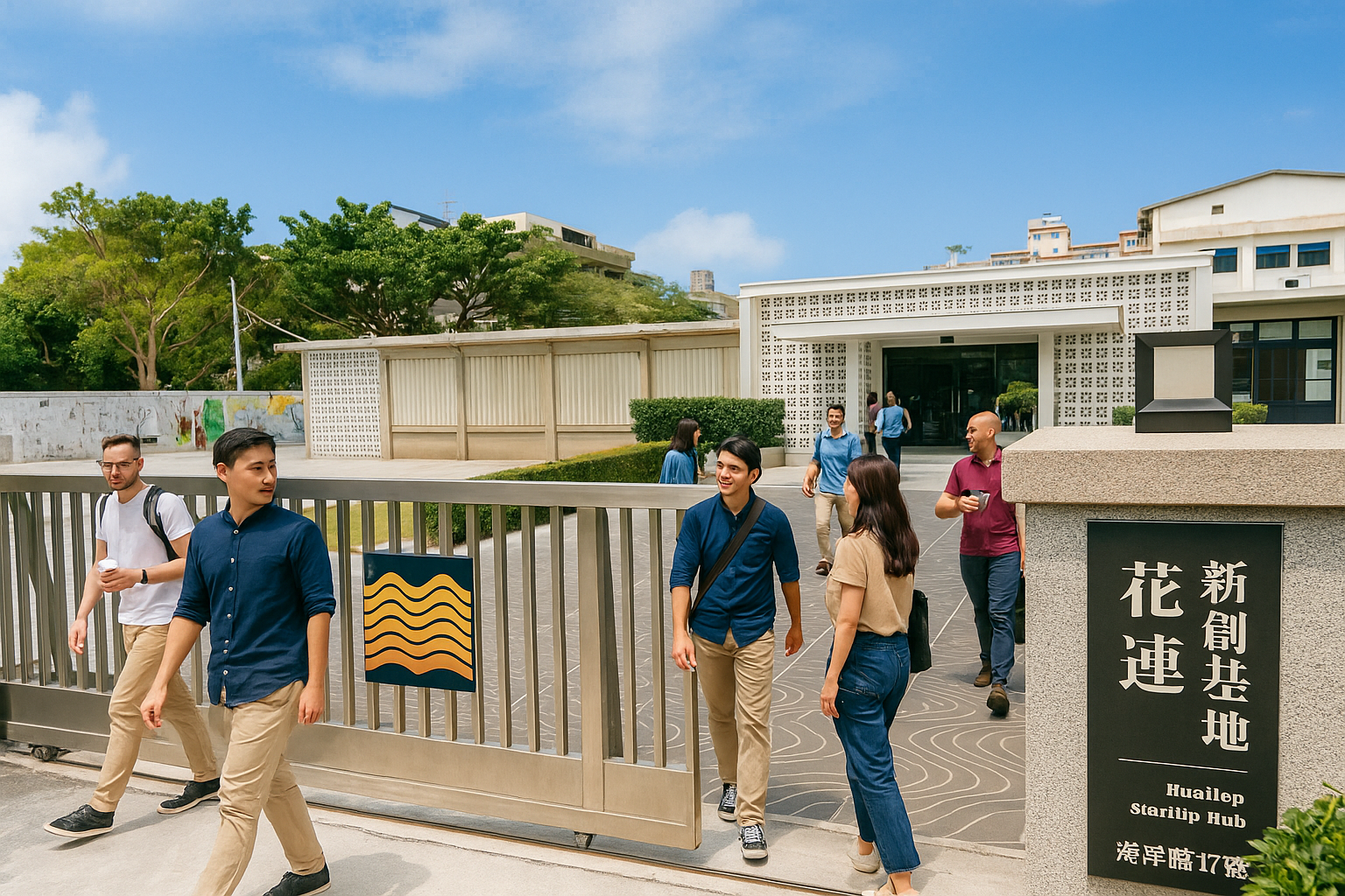 People walking through a gate at a white building entrance with a sign, outdoors in the sun.