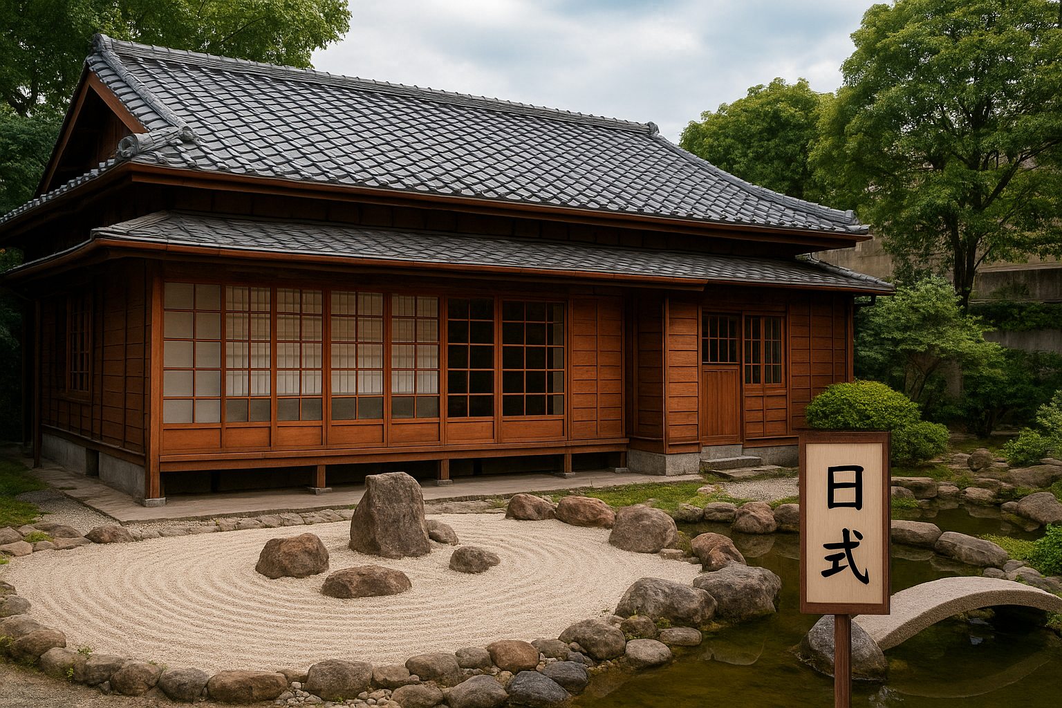 Japanese-style wooden house with a tiled roof, overlooking a rock garden with a sign that says