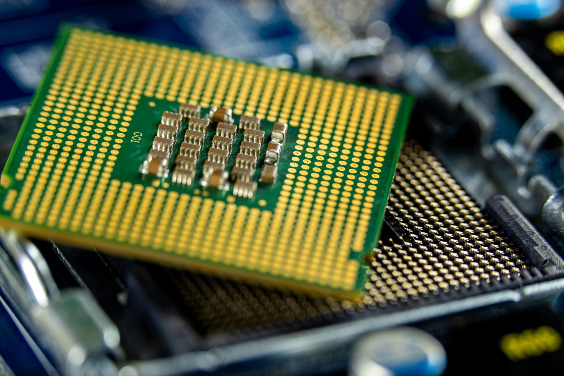 CPU chip being placed into a computer motherboard, close-up with gold and green colors.