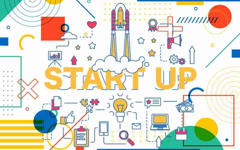 Startup concept illustration with rocket launch and various business icons.