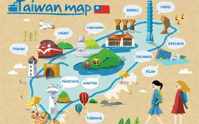 Cartoon map of Taiwan with labeled cities and illustrated landmarks.