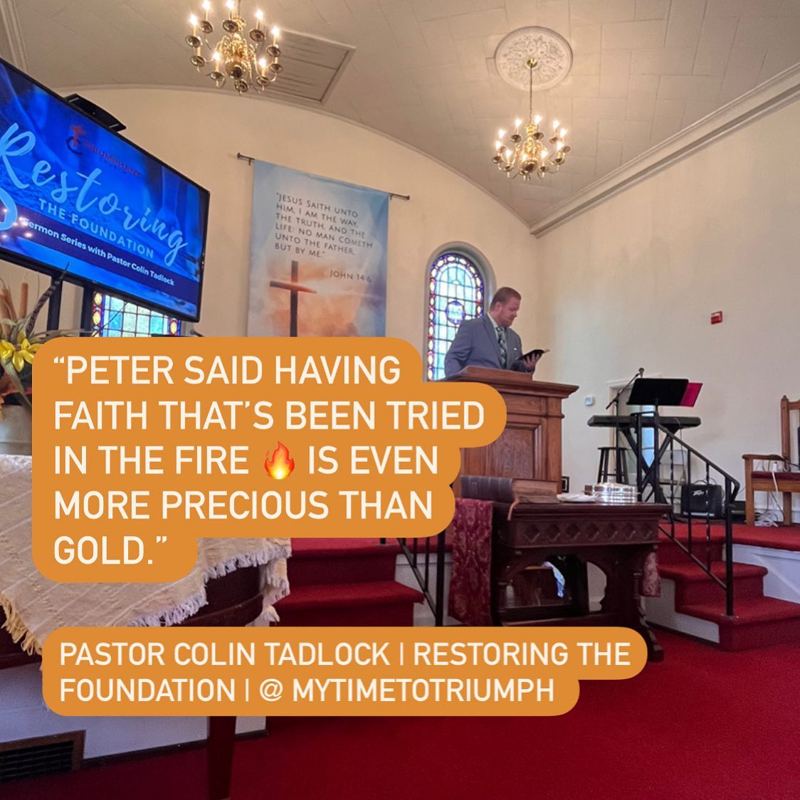 Pastor Colin Tadlock at a church podium, speaking during a service. Quote: