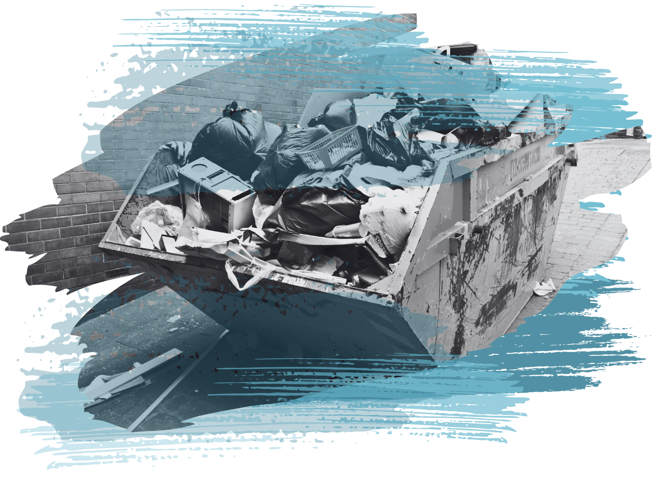 A full dumpster overflowing with trash, set against a blue and gray background.